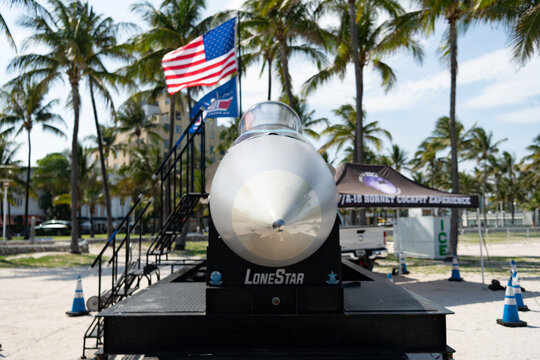 Miami, Florida, USA - May 22, 2025: Boeing FA-18 Super Hornet supersonic fighter jet for United States Navy. Military aircraft Boeing FA-18. Supersonic fighter jet Boeing FA-18