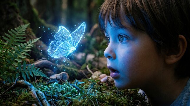 Child gazing at a glowing butterfly in a magical forest setting with mesmerized glowing