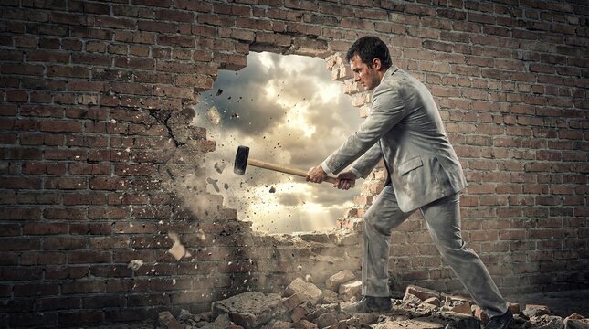 Businessman breaking through a wall with a sledgehammer in a dramatic scene