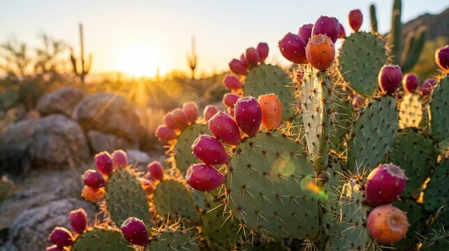 Vibrant prickly pear cactus with colorful fruits at sunset in desert landscape