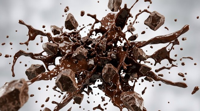 Dynamic chocolate explosion with flying cocoa chunks with captures dramatic explosion