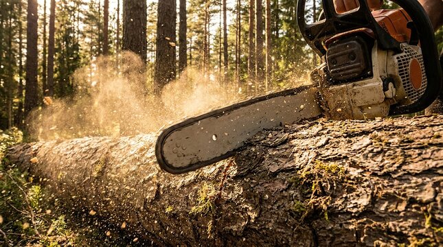 Close up of chainsaw cutting through a tree trunk in a forest setting with through fallen