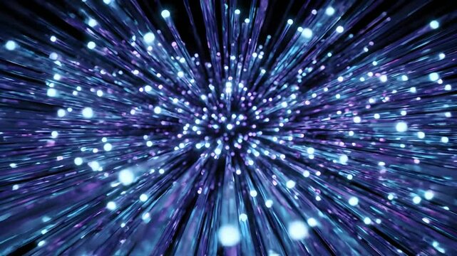 Abstract neon glass tendrils streaming in dark space with glowing light fiber optics