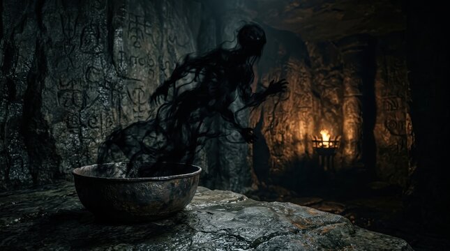 Shadow spirit emerging from a stone bowl in a dark ancient cave with mysterious inscriptions, representing esoteric rituals and the awakening of hidden inner knowledge