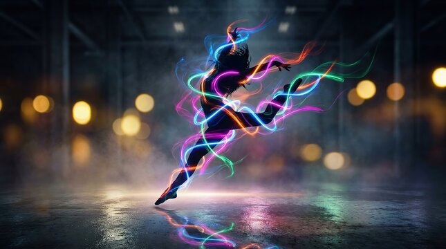 Vibrant neon silhouette of a dancer in motion with colorful light trails