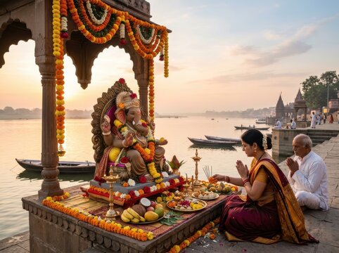Hindu devotees praying to Lord Ganesha idol during Ganesh Chaturthi festival on the banks of the Ganges river in Varanasi at sunrise for spiritual blessing
