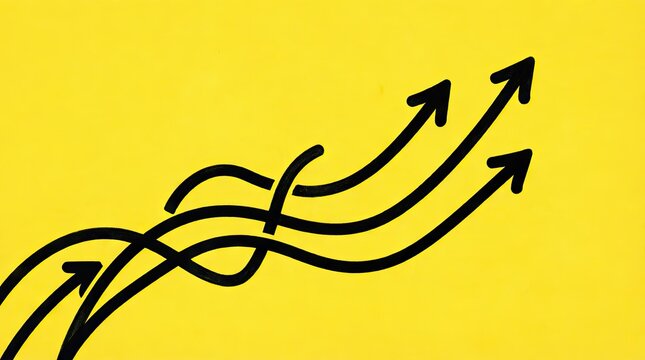Black upward arrows with flowing curved lines on yellow background