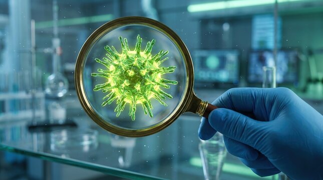 Intricate 3d virus model under magnifying glass in a laboratory setting