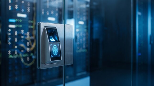 Biometric fingerprint scanner mounted on a glass door of a secure server room in a modern data center