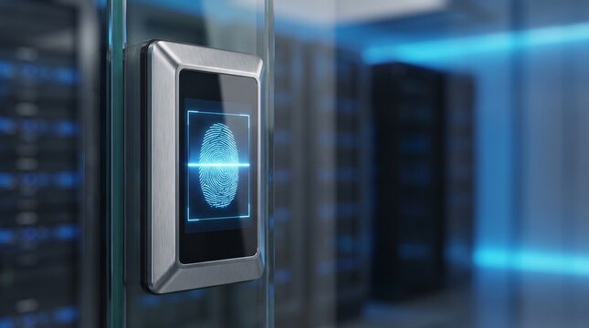Biometric fingerprint scanner security system on glass door in modern server room