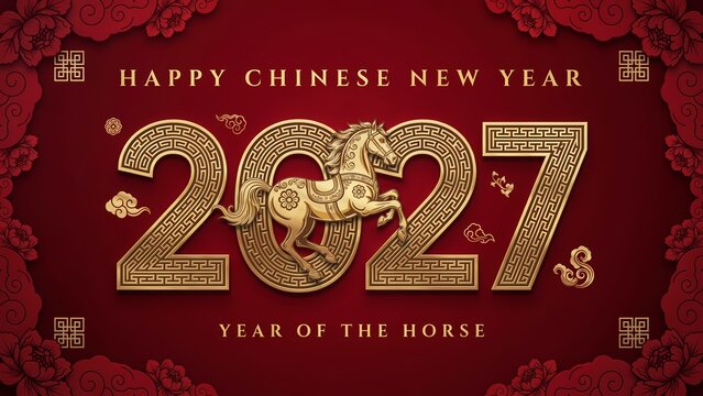Chinese New Year 2027 Greeting Card, Year of the Lucky Horse, traditional vector banner template with red background, golden ornaments, paper cut art style, floral border, zodiac celebration
