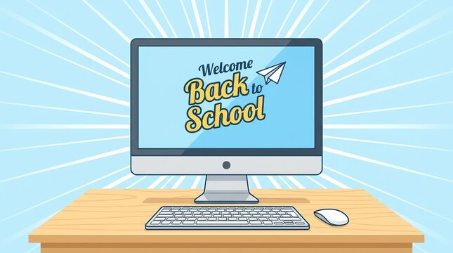 Minimalist flat illustration of computer welcoming students back to school