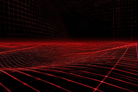 Abstract red grid moving in waves digital background concept of data flow and connection in modern technology.