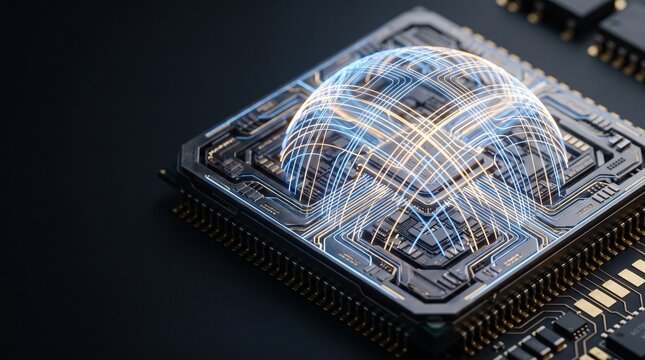 Futuristic CPU microchip with glowing quantum neural network dome representing artificial intelligence and advanced computing technology