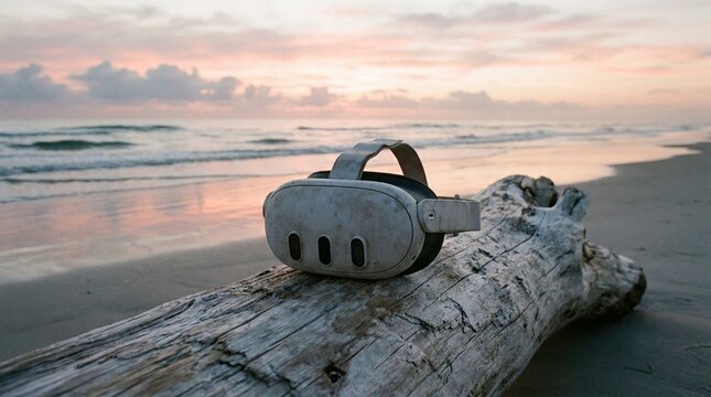 Virtual reality headset resting on driftwood at beach during sunset with showcases virtual