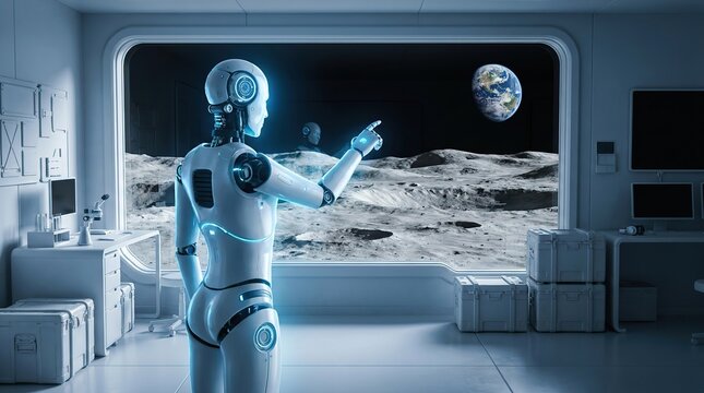 Futuristic robot observing earth from lunar base with high tech environment