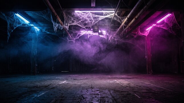 Background of empty space. Dark empty background, concrete, smoke, cobweb. Halloween background