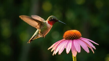 Naklejka premium Vibrant hummingbird hovering near pink flower in natural habitat with captures hummingbird