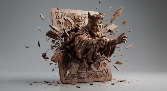 Wooden king carving bursting out of playing card