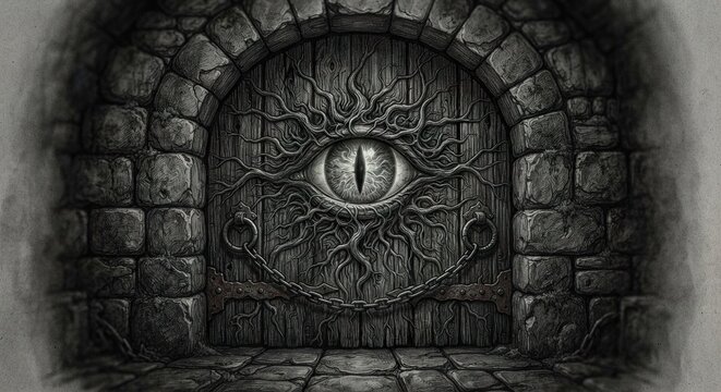 Mystical eye carved into stone dungeon door with chains