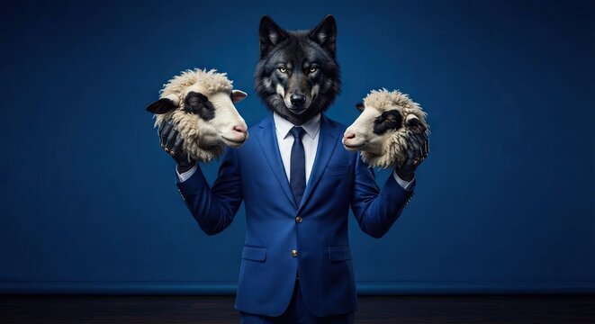 Man in suit holding wolf and sheep masks