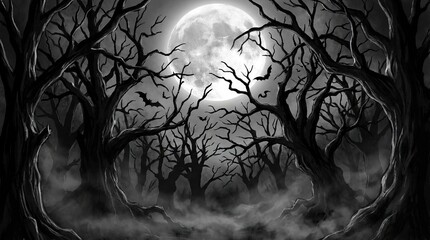 Fototapeta premium Eerie silhouetted forest under a full moon with dark trees with forest scene illuminated