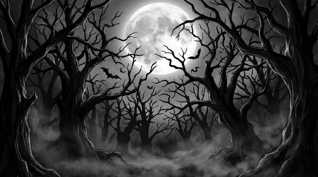 Eerie silhouetted forest under a full moon with dark trees with forest scene illuminated