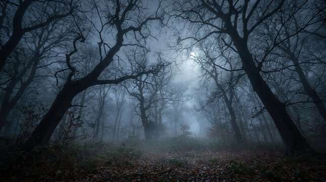 Mysterious night in a dark dense forest with fog with illuminated ethereal moonlight