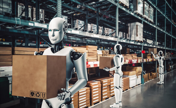 Innovative industry robot working in warehouse for human labor replacement . Concept of artificial intelligence for industrial revolution and automation manufacturing process .
