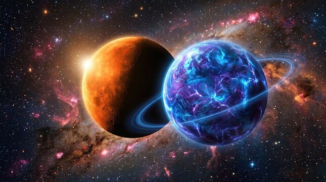Two glowing planets in a cosmic landscape surrounded by stars with glowing against starry