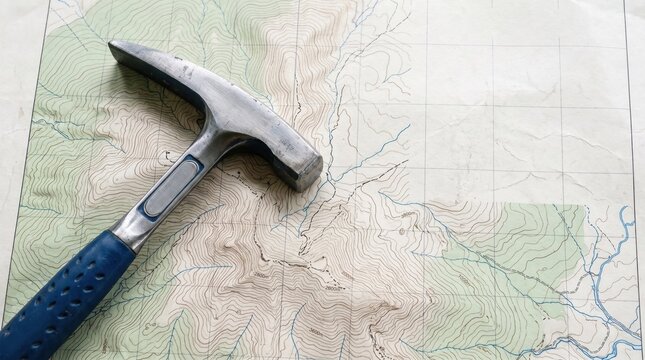 Topographic map with rock hammer on surface displaying geographic details and contours. Topographic map features intricate lines illustrating elevation
