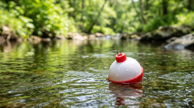 Fishing bobber floating on creek water surrounded by green foliage. Fishing bobber shows vibrant color as it floats peacefully in clear water, creating a serene fishing scene.