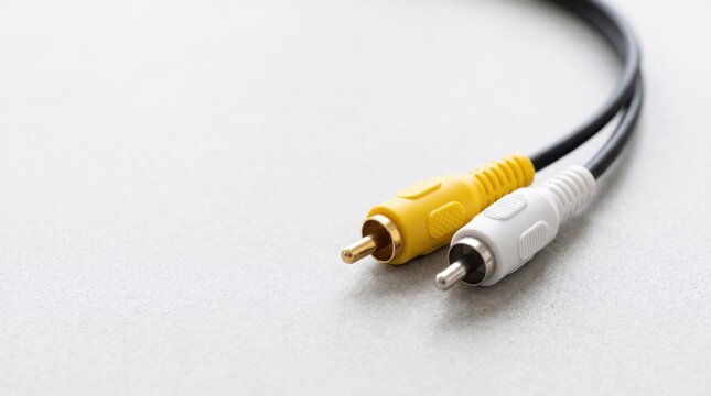 Composite audio cable with yellow and white connectors on white background. Audio cable features yellow connector for video and white connector for audio.