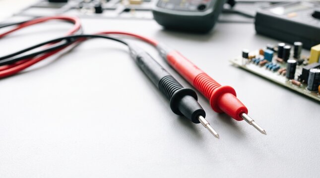 Close-up of multimeter probes on electronic circuit board with equipment in background. The multimeter probes highlight essential tools for electrical measurements in professional environments.