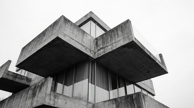 Modern brutalist concrete building with overhanging balconies with building bold geometric