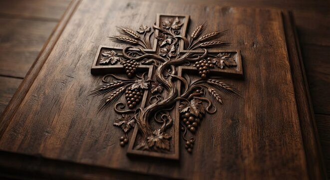 Wooden cross carving with grapevine and wheat stalks
