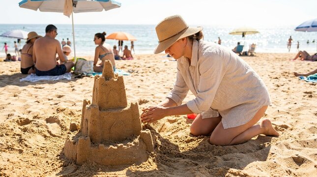 Creative beach day building an intricate sandcastle under sunny skies with woman sculpting