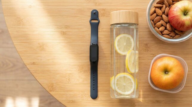 Flat lay of fitness tracker with healthy snacks and infused water on wooden table