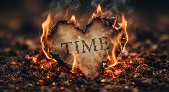 Burning heart with word time in flames