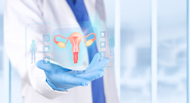 Gynecologist analyzing a vector graphic of the cervix for early diagnosis and research of cervical cancer. Bokeh background. Isolated.