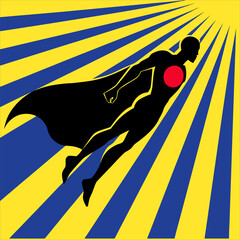 Flying superhero silhouette with cape against a bold sunburst background © Vectorshub