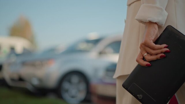 Close-up crop shows hand holding black leather clutch near hip with subtle forward motion, beige tailored suit, outdoor parking lot setting, soft daylight, urban arrival mood, and elegant