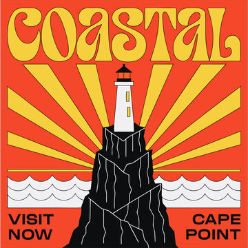 Retro Coastal Travel Poster Featuring a Lighthouse on a Rocky Cliff with Sunburst Background &ndash; Cape Point Vector Illustration
