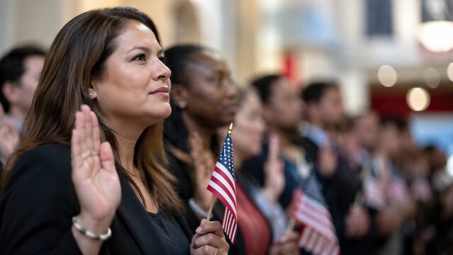 Woman taking oath of allegiance while holding American flag during citizenship ceremony. Constitution and Citizenship Day celebration representing civic duty, democracy, patriotism, and national