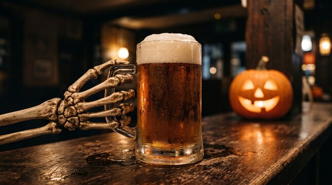 Frosty Beer Mug Held by a Skeletal Bone Hand