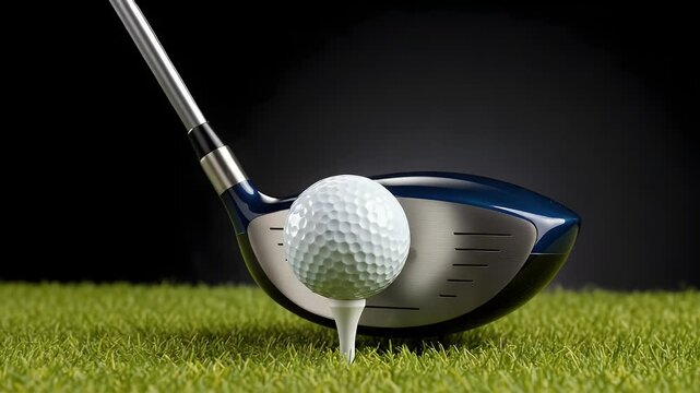 Golf driver poised to strike a white dimpled golf ball resting on a tee on green grass with a dark background