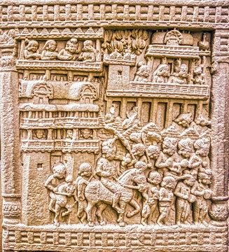Ancient Procession and Architectural Narrative Relief on the Great Stupa Gateway at Sanchi, India