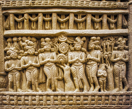 Devotees in Reverence Beside Sacred Tree Relief on the Great Stupa Gateway at Sanchi, India