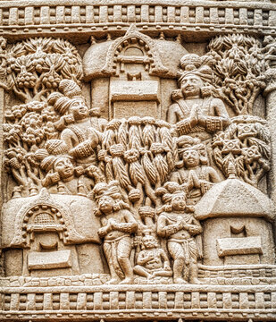 Sacred Bodhi Tree Worship Scene on Ancient Buddhist Relief at Sanchi Stupa Gateway, India