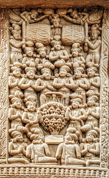 Devotees Worshipping the Sacred Bodhi Tree on an Ancient Sanchi Stupa Relief Panel, India